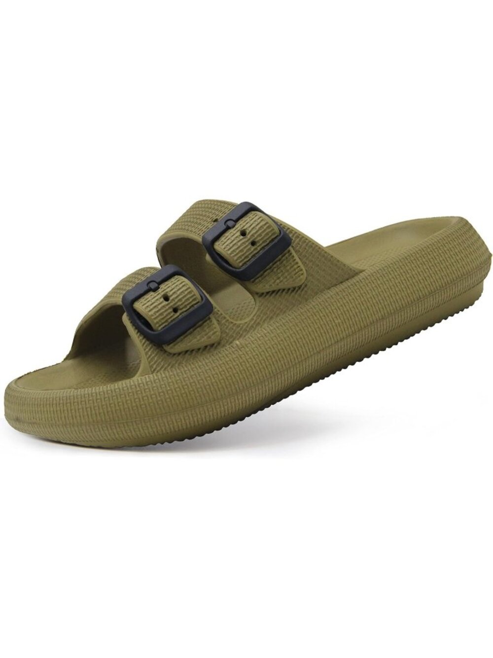 Women's Green Adjustable Width Pillow Design Double Buckle Flat Slides Slippers
